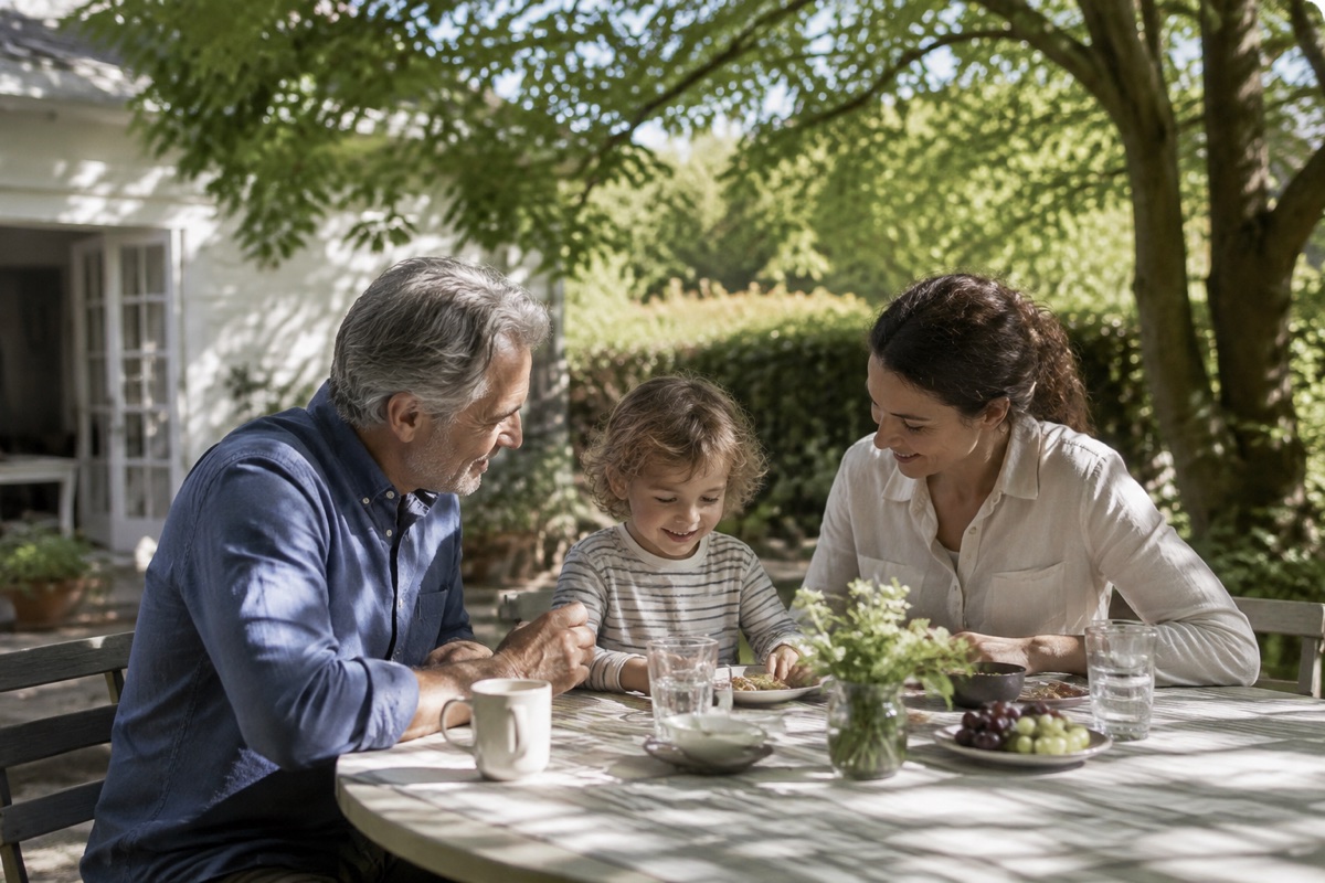 Three generations enjoying an afternoon together in a garden